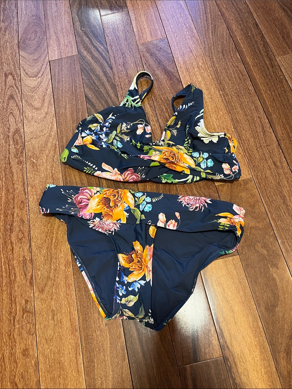 Jantzen Navy Floral Bikini with Yellow, Pink & Green Accents